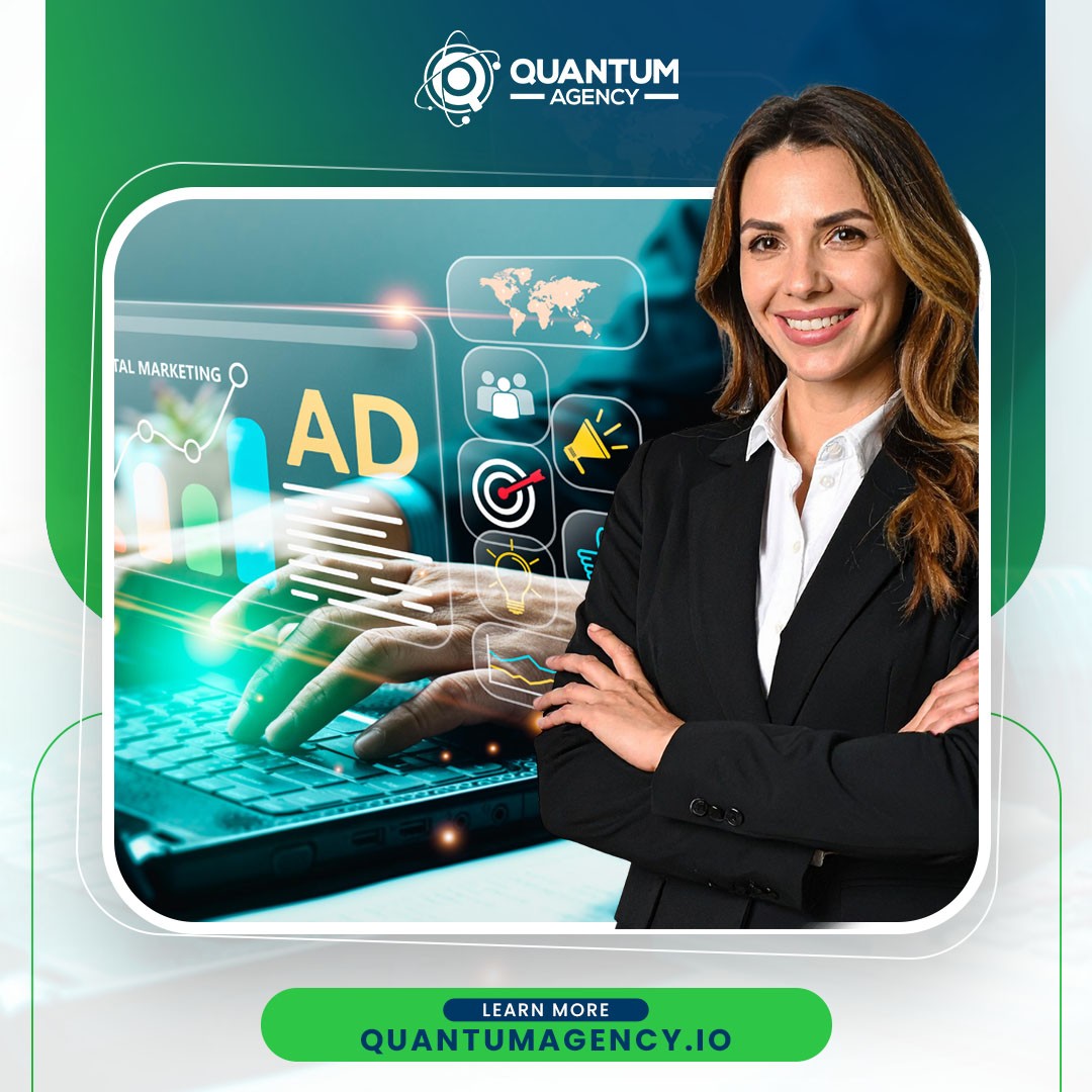 Promotional graphic for Quantum Agency featuring a smiling businesswoman in a black blazer with her arms crossed. In the background, a digital overlay shows hands typing on a laptop with marketing icons for ads, global reach, targeting, and analytics.