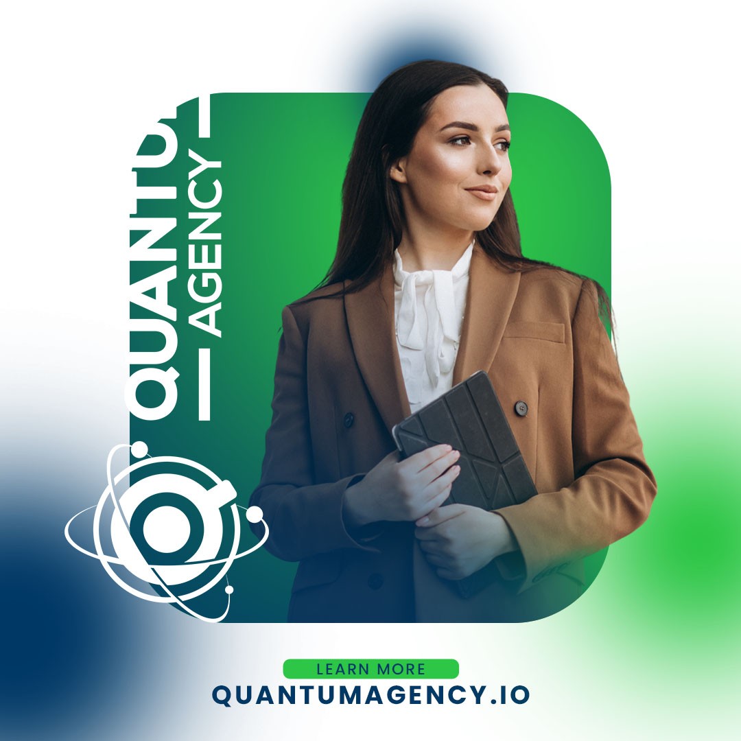 Promotional PR graphic for Quantum Agency featuring a professional woman in a brown blazer holding a tablet computer while looking off to the side. The background utilizes a green and blue gradient with a prominent white Quantum Agency logo rotated vertically. Includes a "Learn More quantumagency.io" call to action at the bottom.