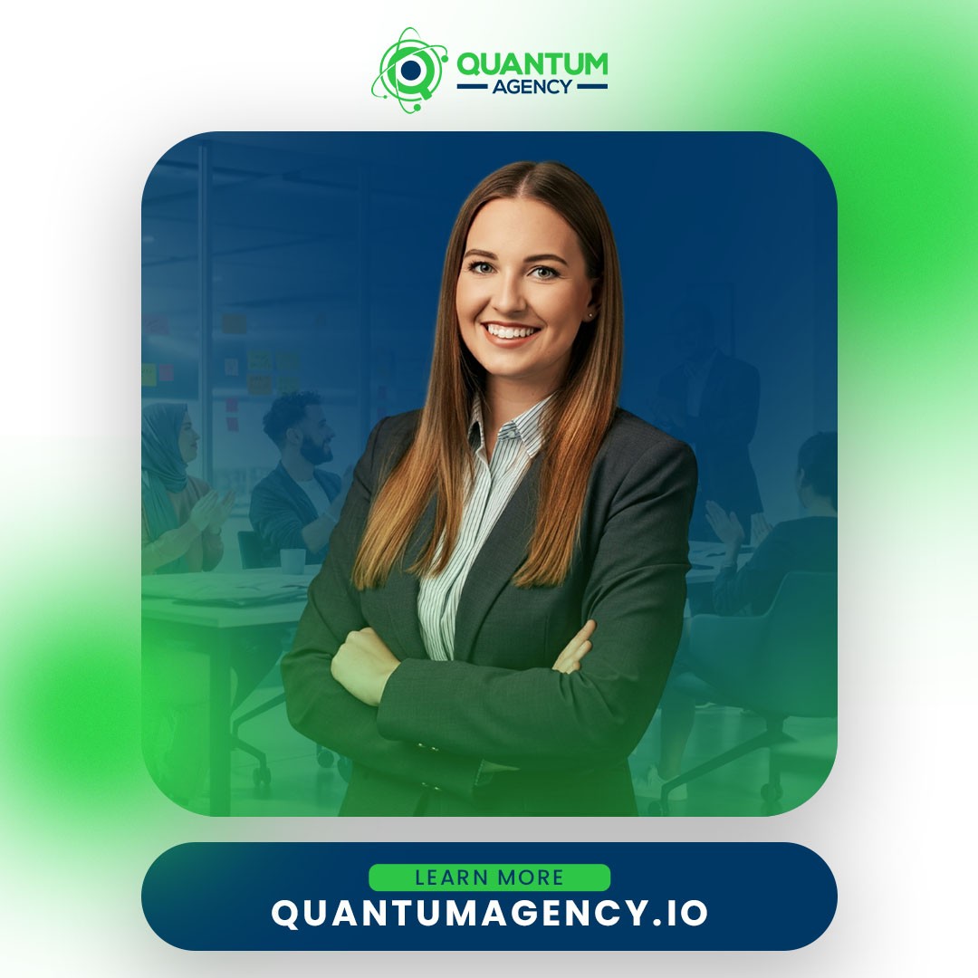 Corporate branding graphic from Quantum Agency featuring a smiling young businesswoman in a grey blazer standing with arms crossed. The translucent background shows a diverse team collaborating in a modern office meeting room. Features a dark blue button