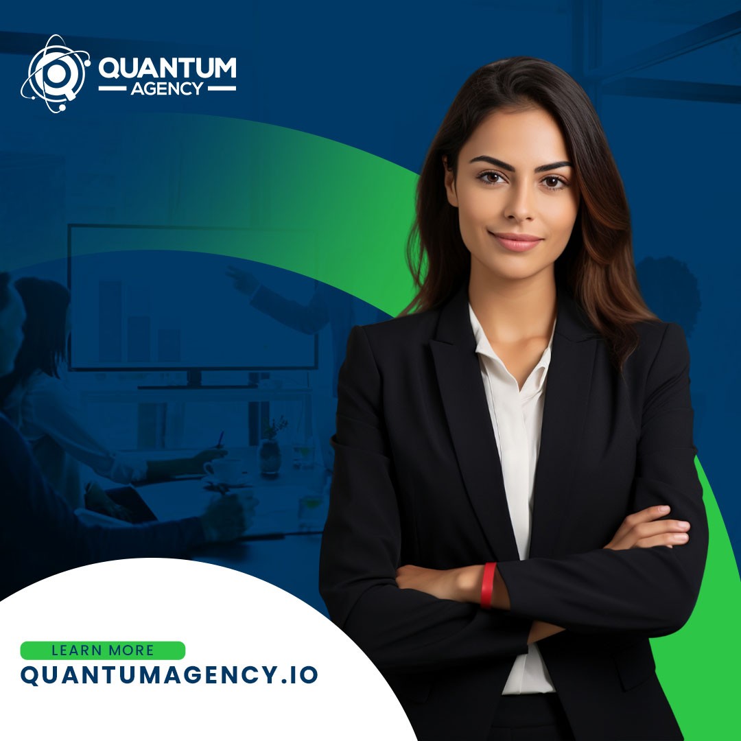 Corporate branding graphic from Quantum Agency showing a smiling businesswoman in a black blazer standing with arms crossed. The background features a darkened, blue-toned office setting where a team is holding a meeting around a table with a presentation