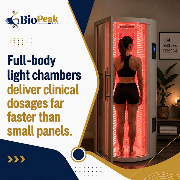 A woman standing inside a vertical red light therapy chamber beside text highlighting full-body clinical dosages compared to small panels.