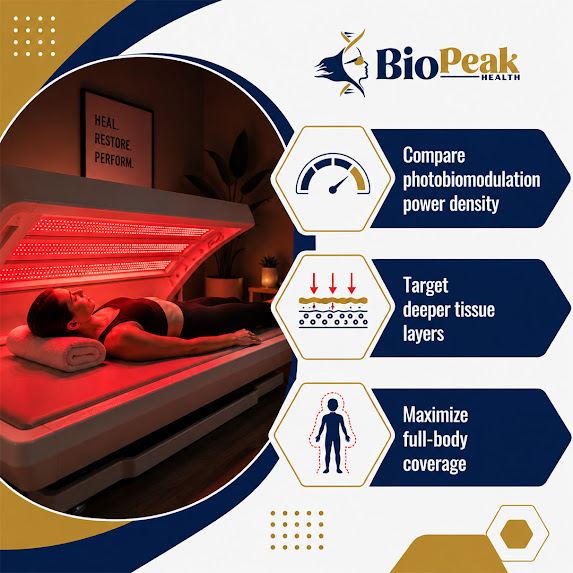 A woman relaxing inside an open full-body red light bed alongside benefit points for photobiomodulation power density, deep tissue targeting, and complete coverage.
