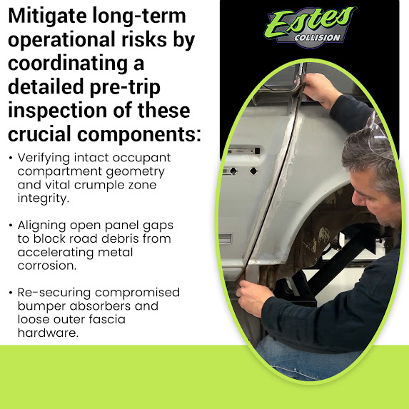 Marketing graphic from Estes Collision, LLC outlining how to mitigate long-term operational risks by coordinating a detailed pre-trip inspection of crucial components, including verifying occupant compartment geometry and crumple zone integrity, aligning open panel gaps to prevent metal corrosion, and re-securing compromised bumper absorbers. Features a circular photo inset of a mechanic examining and aligning the body panels of a grey vehicle frame. Includes the phone number (918) 542-6699.