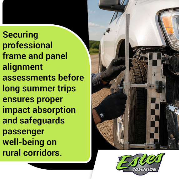 Infographic from Estes Collision, LLC explaining that securing professional frame and panel alignment assessments before long summer trips ensures proper impact absorption and safeguards passenger well-being on rural corridors. The visual shows a technician's hands in black gloves using a specialized mechanical alignment measurement tool on the front wheel and fender structure of a white truck. Includes a call-to-action phone number: (918) 542-6699