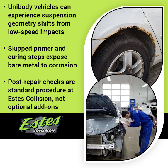 technician inspecting collision repair and rust damage on unibody vehicle in Miami Oklahoma