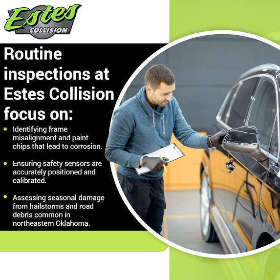 Infographic from Estes Collision listing routine vehicle inspection focal points, featuring a technician with a clipboard.