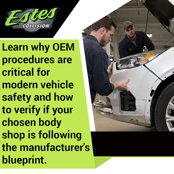 Collision repair technicians at Estes Collision following OEM repair procedures on a white vehicle to support modern vehicle safety