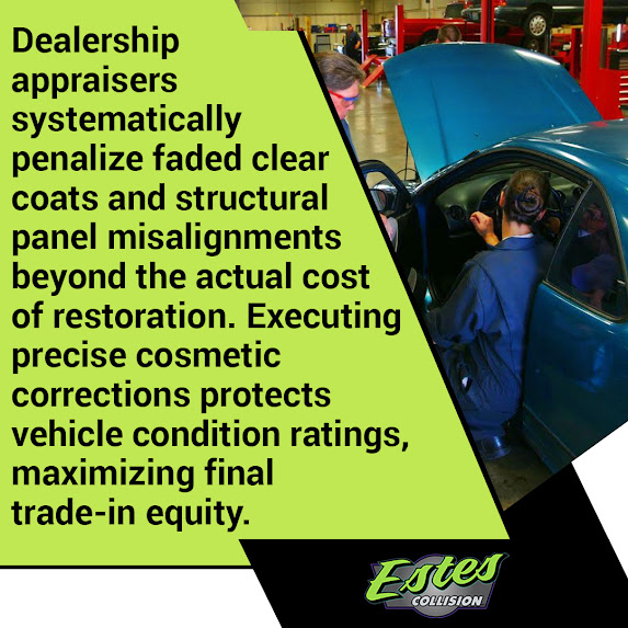 Graphic from Estes Collision on maximizing vehicle trade-in equity through precise cosmetic panel and clear coat corrections.