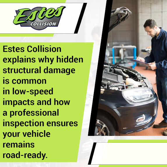 Collision repair technician inspecting a vehicle at Estes Collision to identify hidden structural damage after a low-speed impact