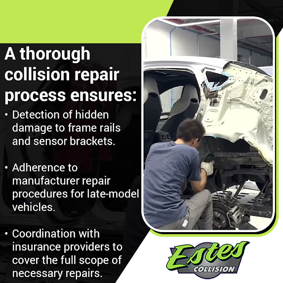 Infographic from Estes Collision outlining a thorough repair process, showing a technician working on a disassembled car frame.