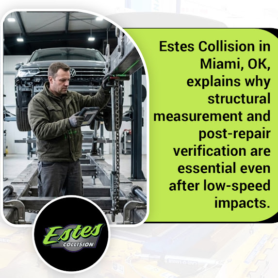 technician performing structural measurement and post repair verification on vehicle frame in Miami Oklahoma