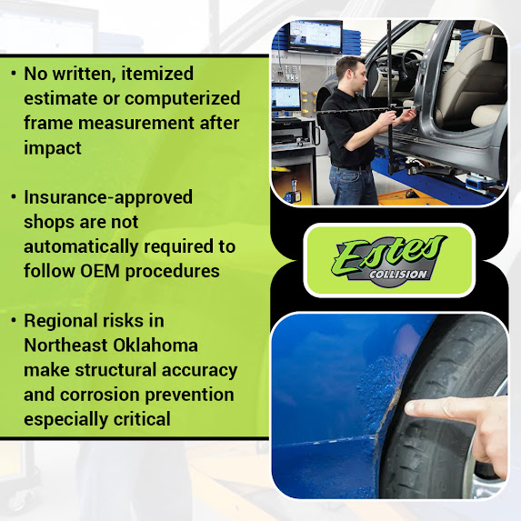 technician measuring vehicle frame and inspecting paint damage to identify poor collision repair in Miami Oklahoma