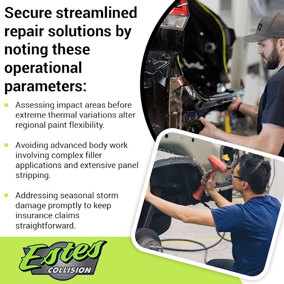Infographic from Estes Collision detailing key operational parameters for streamlined vehicle storm and body repair solutions.