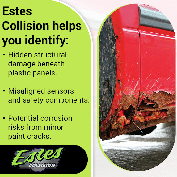Close-up of rust and corrosion damage on a red vehicle panel, highlighting hidden collision damage Estes Collision can identify