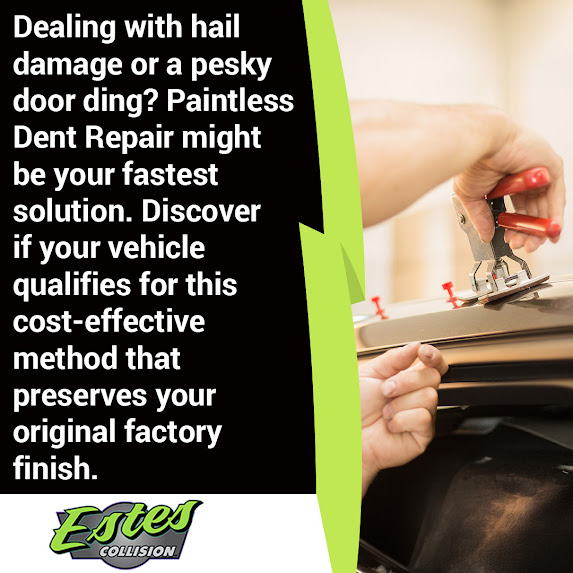 Paintless dent repair technician removing a small dent from a vehicle panel at Estes Collision while preserving the factory finish