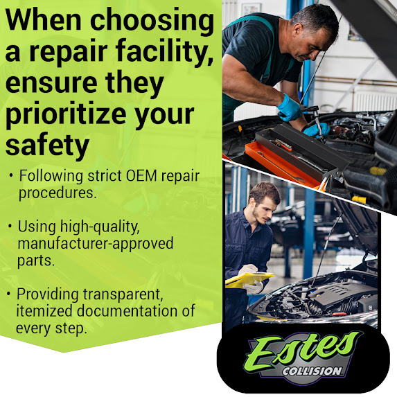 Auto repair technicians inspecting and servicing engine components at Estes Collision using OEM repair procedures and manufacturer-approved parts