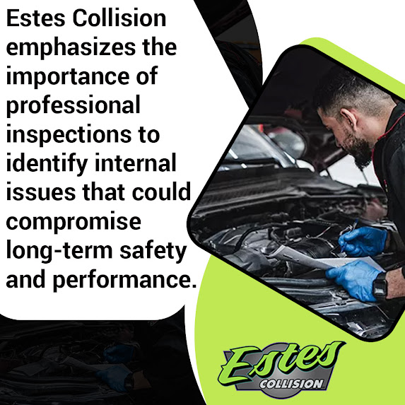 Graphic from Estes Collision highlighting the importance of professional inspections, showing a mechanic examining an engine bay.