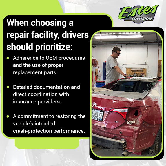 Infographic from Estes Collision listing repair facility priorities, featuring a technician working on a red sedan.