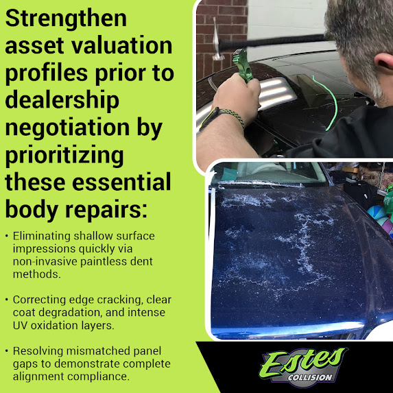 Infographic listing essential body repairs for dealership negotiation, including paintless dent repair and clear coat restoration.