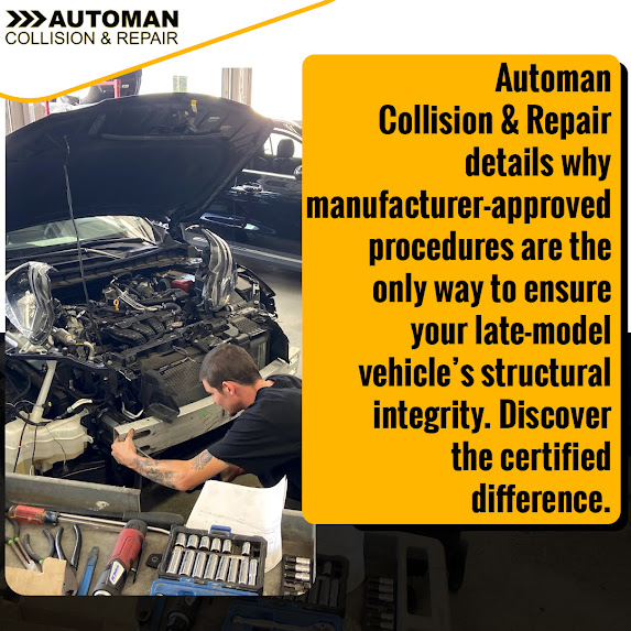 Technician repairing front-end collision damage at Automan Collision & Repair using manufacturer-approved procedures to restore structural integrity