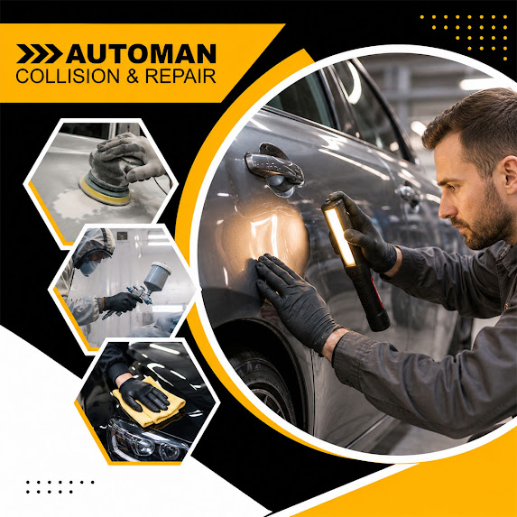 A collision repair technician using an inspection light to check automotive paint finish beside hexagonal panels showing sanding, spray booth painting, and microfiber polishing.
