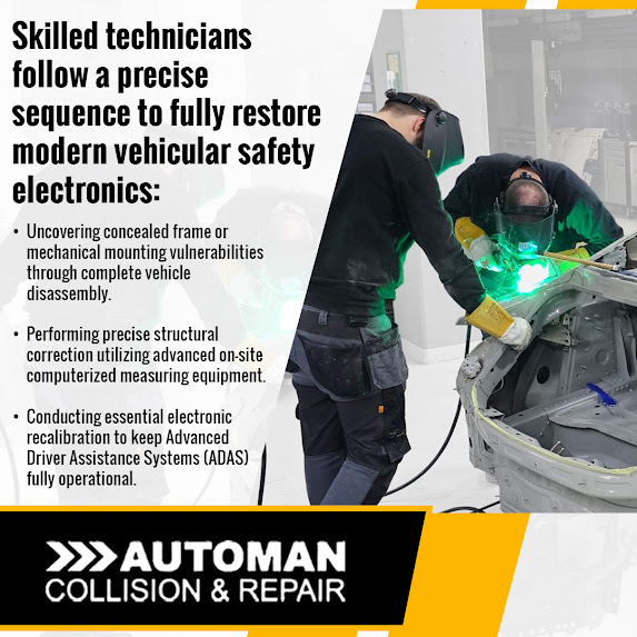 Technicians welding a vehicle frame in a repair bay alongside text about restoring safety electronics and calibrating ADAS systems.