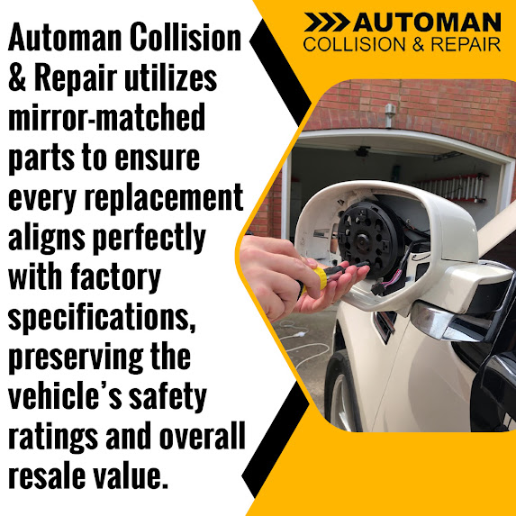 Graphic from Automan Collision showing a technician installing a side-view mirror assembly on a white vehicle.