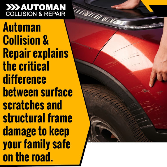 Technician inspecting scratched vehicle panel to assess surface damage versus structural frame problems