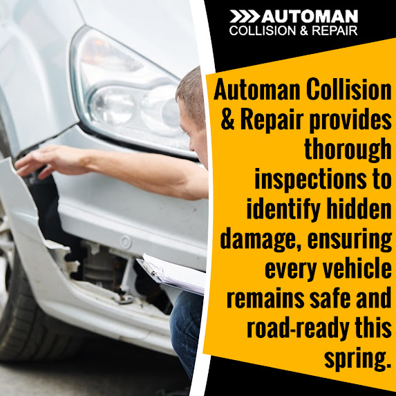 Graphic from Automan Collision emphasizing thorough vehicle inspections to find hidden bumper damage.
