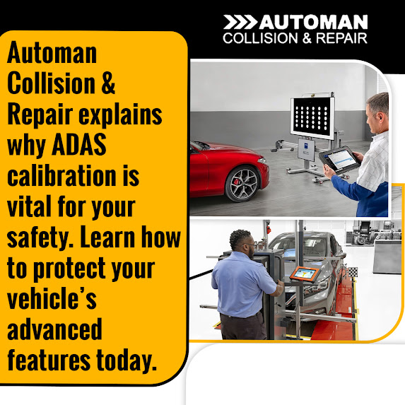 Technicians performing ADAS calibration on vehicles at Automan Collision & Repair to restore advanced safety features after repair