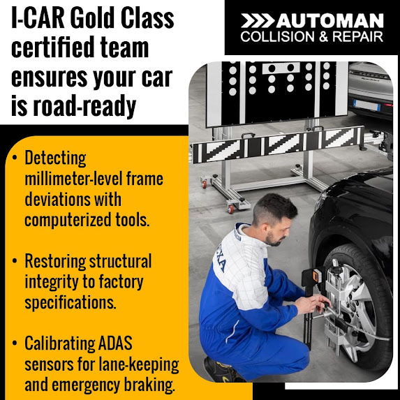 Collision repair technician using computerized tools to measure frame alignment and calibrate ADAS sensors