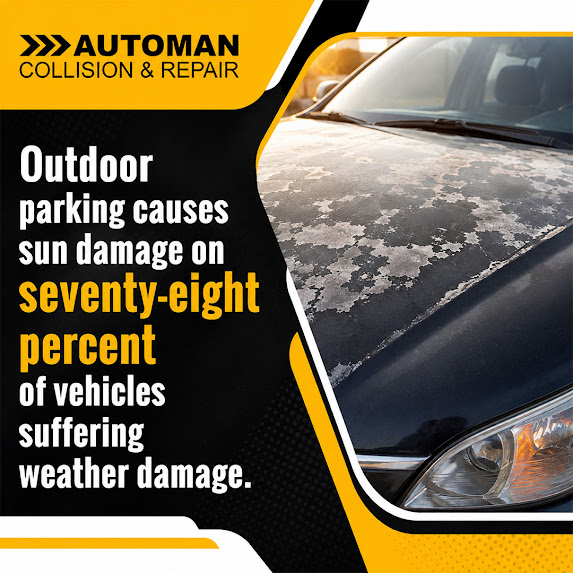 Severe sun and UV weather damage causing faded, peeling clear coat and oxidized paint across the hood of a dark car parked outside.