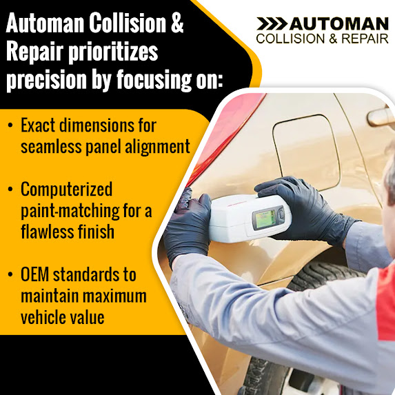 Infographic from Automan Collision listing shop precision focal points, showing a technician using a spectrophotometer.