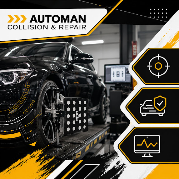 A black car on a repair bay lift undergoing ADAS wheel clamp sensor calibration alongside service graphic icons and statistic text.