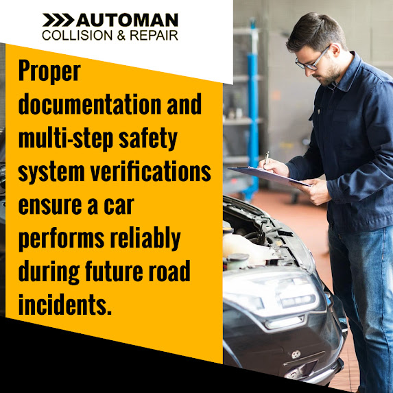 A technician holding a clipboard and inspecting a car engine next to text explaining the importance of proper safety documentation.