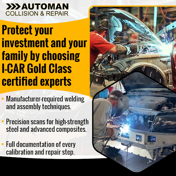 Collision repair technicians performing manufacturer-required welding and structural repair at Automan Collision & Repair with I-CAR Gold Class standards