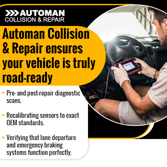 Technician using a diagnostic scan tool inside a vehicle at Automan Collision & Repair for pre- and post-repair system checks and sensor verification