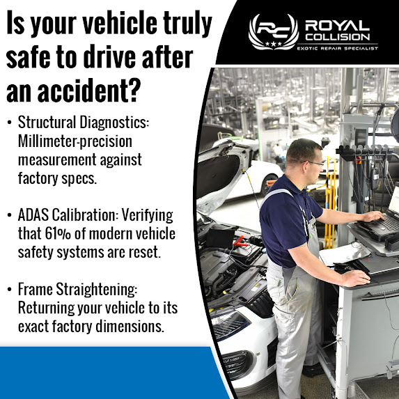 Technician performing vehicle diagnostics and ADAS calibration after collision to ensure safety
