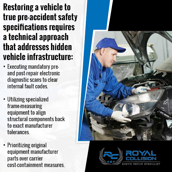 Infographic from Royal Collision listing technical approaches required to restore a vehicle to pre-accident safety standards.