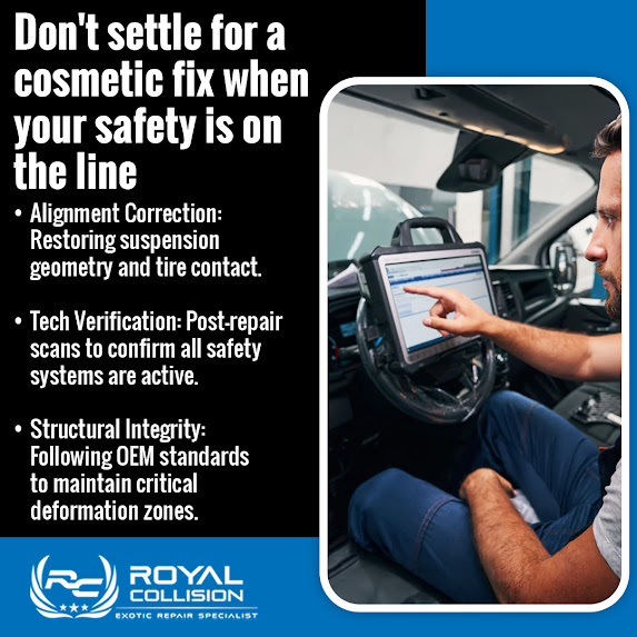 Technician performing post-repair diagnostic scan inside vehicle to verify safety systems
