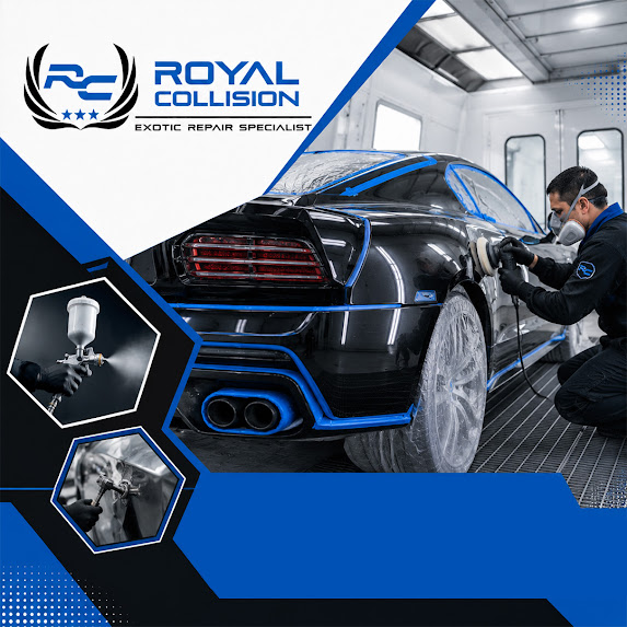 A technician buffing the rear quarter panel of a black sports car in a spray paint booth, with inset visuals showing paint spraying and dent pulling tools.