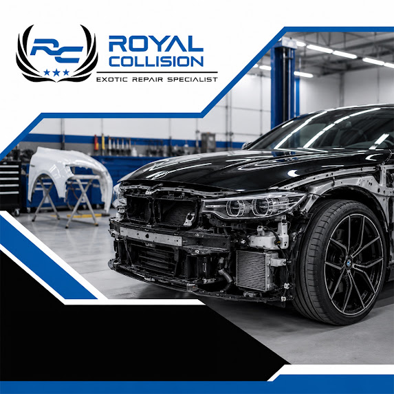 Front three-quarter view of a black BMW sports car anchored to a hydraulic unibody alignment rack inside the Royal Collision service bay.