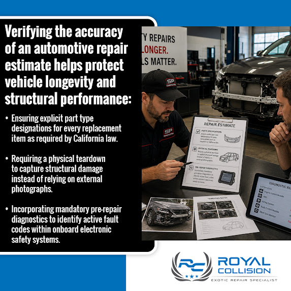 Infographic from Royal Collision listing steps to verify an automotive repair estimate's technical accuracy.