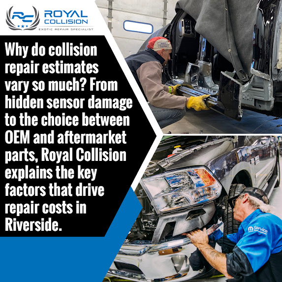 Royal Collision collision repair work in Riverside showing why repair estimates vary, including hidden damage discovery, OEM versus aftermarket parts decisions, and labor needed for safe structural restoration.