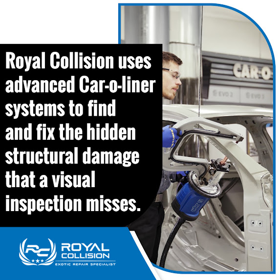 Technician using Car-O-Liner system to measure and repair vehicle structural damage