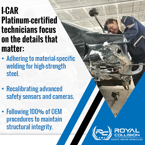 I-CAR Platinum-certified collision repair work at Royal Collision in Riverside, highlighting OEM procedures, advanced sensor recalibration, and material-specific welding for safe structural restoration.