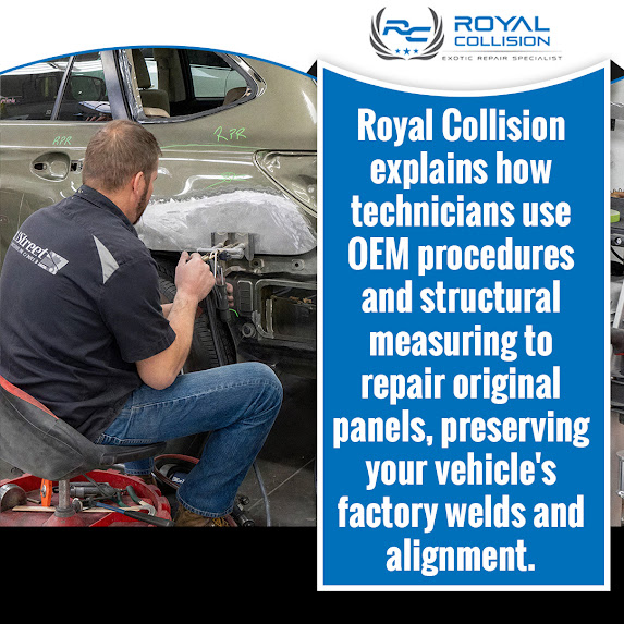 Auto body technician performing OEM structural repair and panel alignment on vehicle