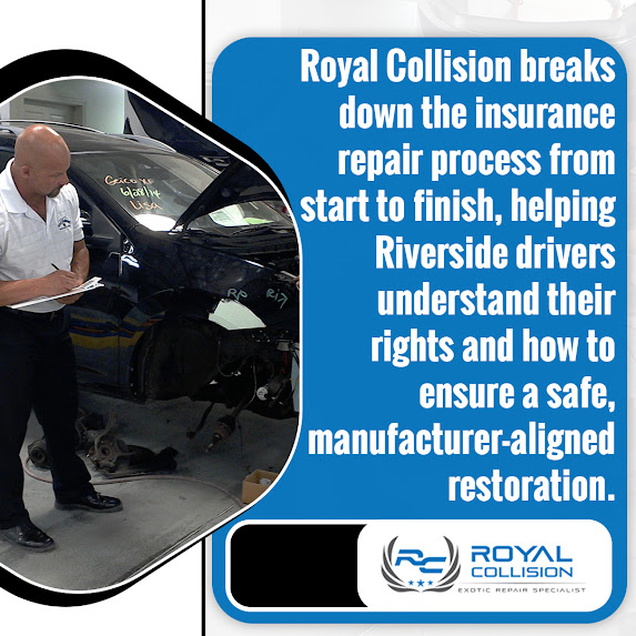 Driver inspecting front-end crash damage while reviewing an insurance claim, used by Royal Collision in Riverside to explain repair-shop choice, hidden damage, and OEM repair standards.