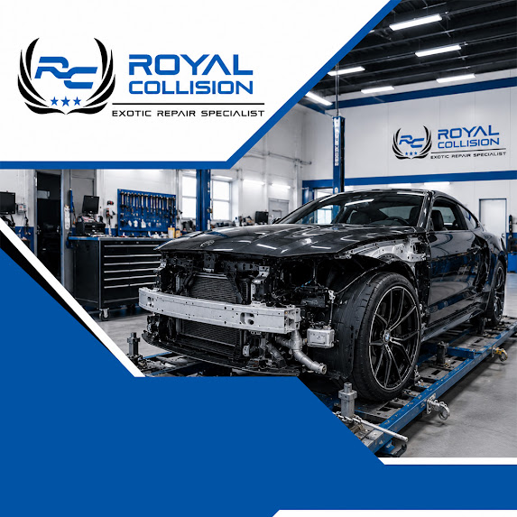 A black BMW undergoing front bumper and fender disassembly inside a modern collision repair shop, exposing the radiator assembly and internal components.