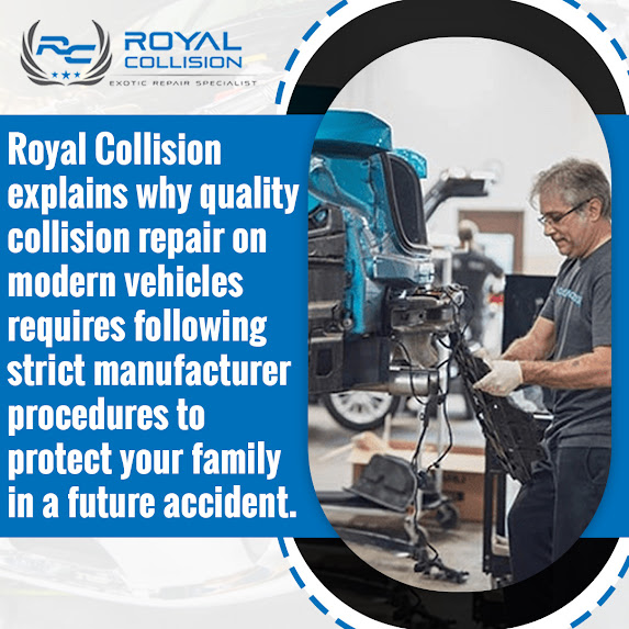 Technician performing OEM collision repair on a modern vehicle at Royal Collision using manufacturer procedures to restore safety